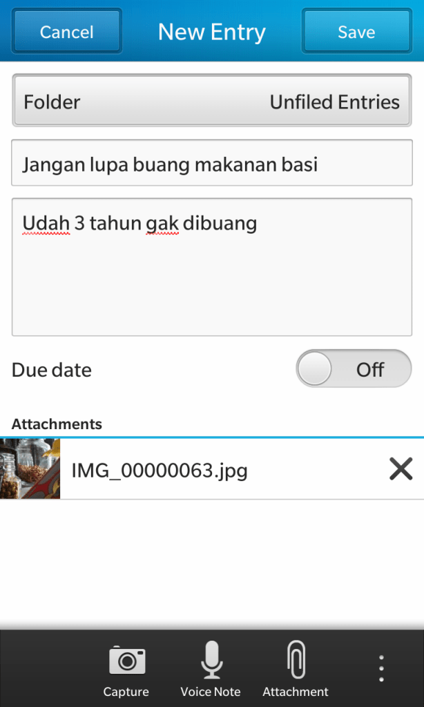 Contoh entry note di BlackBerry Remember yang multimedia