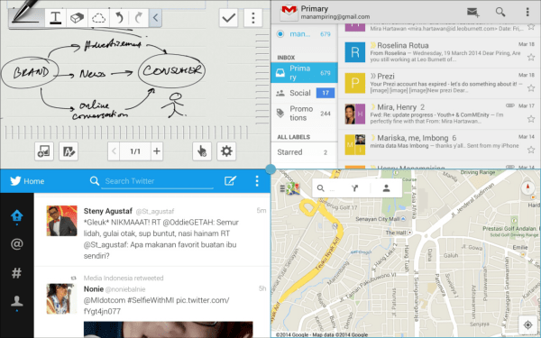 Screenshot "multiscreen", 4 aplikasi sekaligus daam satu layar