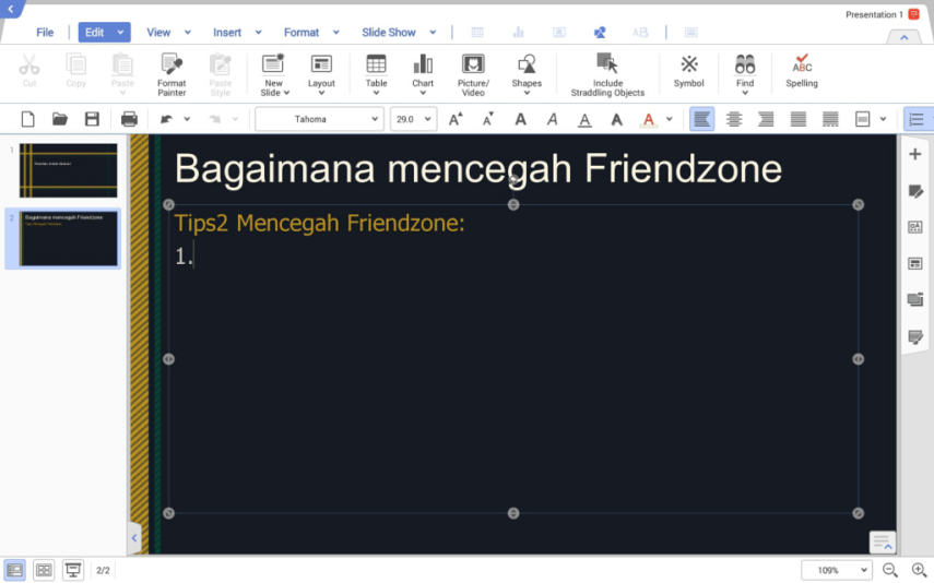 Tampilan Hancom Show yang kompatibel dengan PowerPoint. Perhatikan layout menu yang sangat mirip dengan PowerPoint